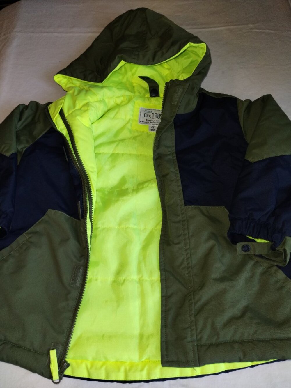 The Children's Place Toddler Boys Ski Jacket Hooded Lined Neon Green 4T